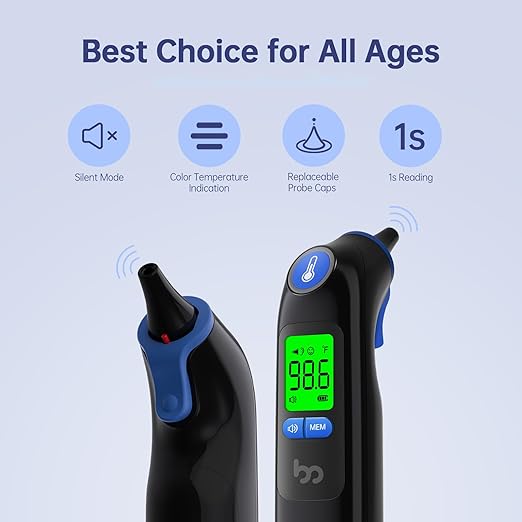 Ear Thermometer, Highly Accurate Ear Thermometer for Kids, Adults and Babies, 30 Memory Recall, 1s Result and 3-Color Fever Alert, with 24 Disposable Probe Covers, Blue
