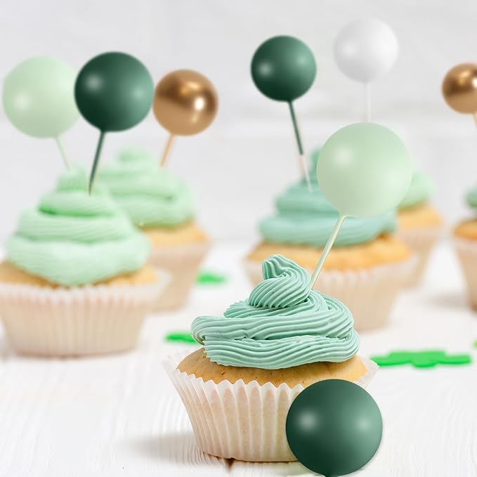 75 Pcs Cake Balls Topper Decorations Foam Cupcake Topper Mini Balloon Cake Topper Balls Cake Picks for Cake Deco Birthday Party Wedding（Green,Gold, White）