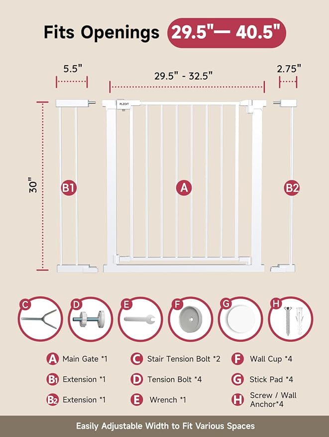 29.5-40.5" Baby Gate for Stairs, Dog Gate for Doorways, Walk Thru Auto Close Metal Baby Safety Gate for The House, Stairs and Doorways, Child Gate Pressure Mounted, Pet Gate for Dog Indoor - White