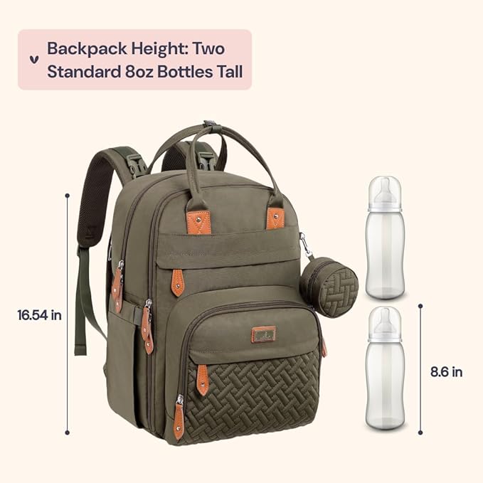 BabbleRoo Diaper Bag Backpack - Baby Essentials Travel Tote - Multi Function Waterproof Diaper Bag, Travel Essentials Baby Bag with Changing Pad, Stroller Straps & Pacifier Case - Unisex, Army Green