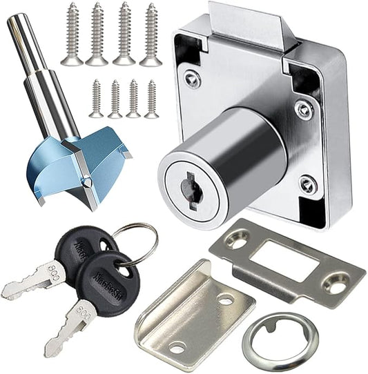 Automatic Lock Tongue Cabinet Drawer Lock 【Keyed Alike】& Forstner Drill Bit Furniture Locker Lock Showcase Lock Drilling Diameter 3/4"/19mm for (3/5"-/15mm -7/8"-/22mm) Door Panel