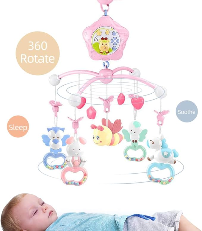 Baby Mobile for Crib with Musicial and Lights, Remote and Projection. Pack and Play Toys for Ages 0+ Months (Pink-Bee)