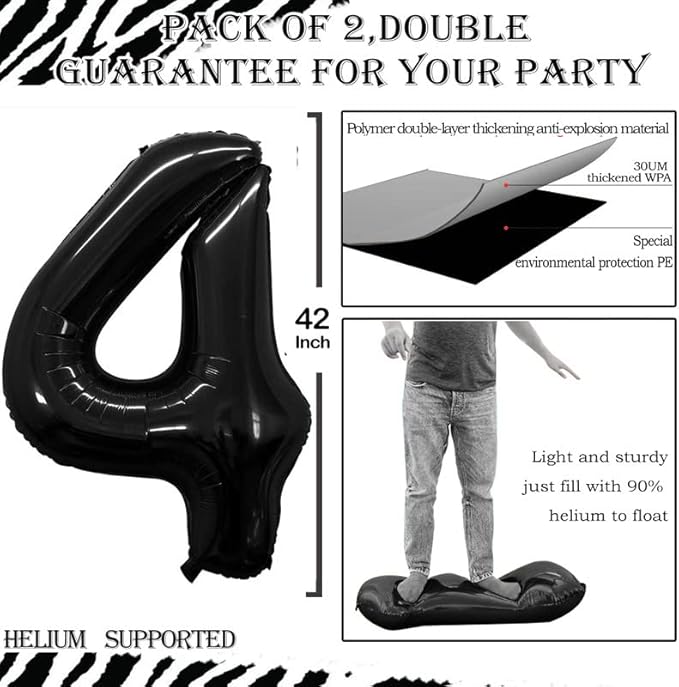 GOER Black Foil Balloons Number 4,Huge Number Balloons for 4th 14th 24th 34th 44th Birthday Party Supplies Anniversary Decorations (3 pcs,42 inch,32 inch,16inch)
