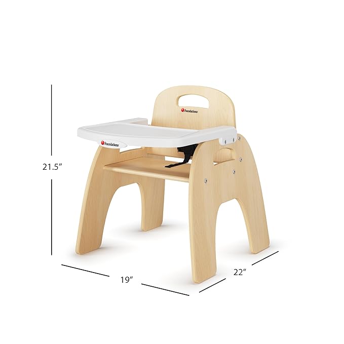 Foundations Easy Serve Low Wood Feeding Chairs Multipack, Adjustable Harness, Removable Dishwasher Safe Tray, No-Tip Base, Stackable Toddler Chairs, 2 Pack (11 inch)