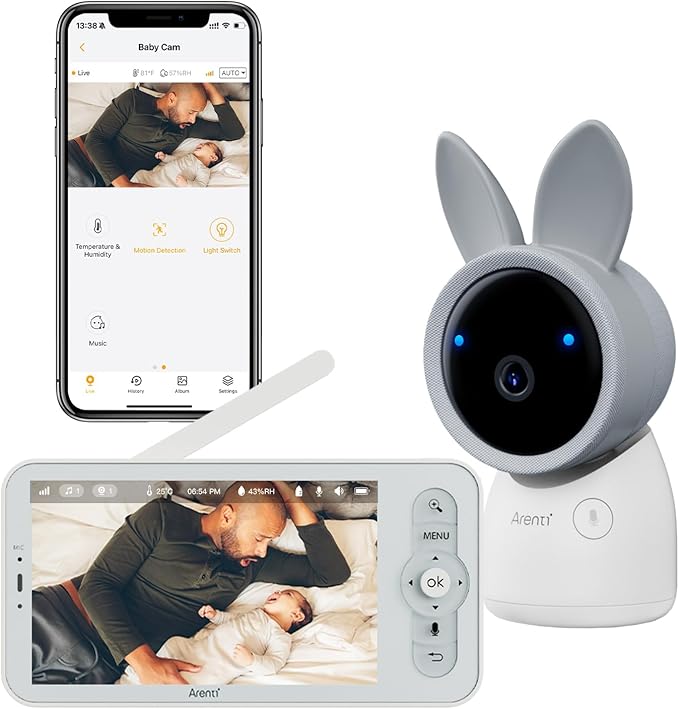 ARENTI Baby Monitor, Cry & Motion Detection, 2K Smart Baby Camera with 5-Inch Upgraded Wireless Display, Two Way Audio, Super Night Vision, Temp & Humidity Sensor, Lullabies