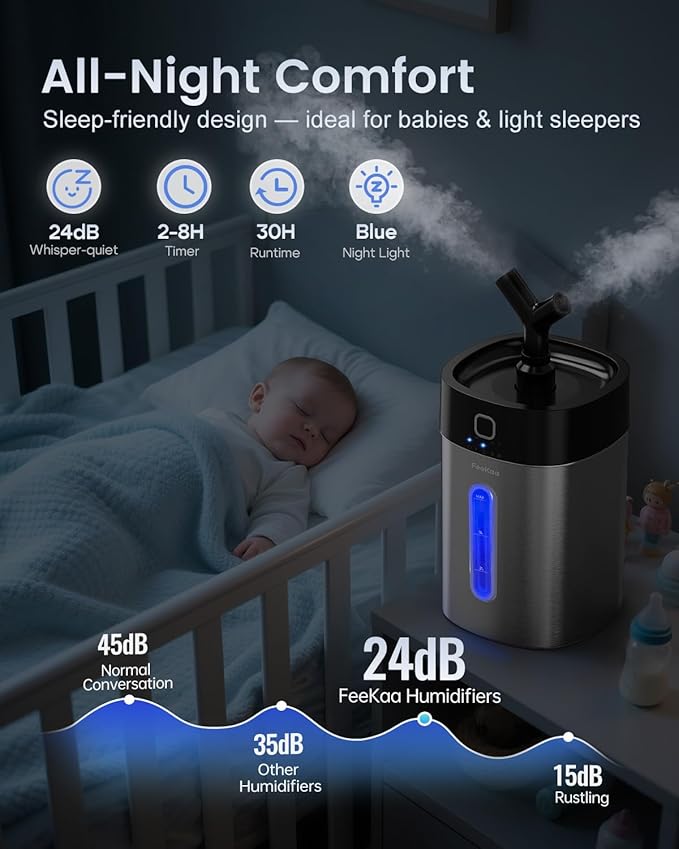 Feekaa Stainless Steel Humidifier Easy Clean, 1Gal/4L Cool Mist Humidifiers for Bedroom, Dishwasher Safe Humidifier Large Room, Humidifiers for Bedroom Baby Nursery Living Room Office, Black