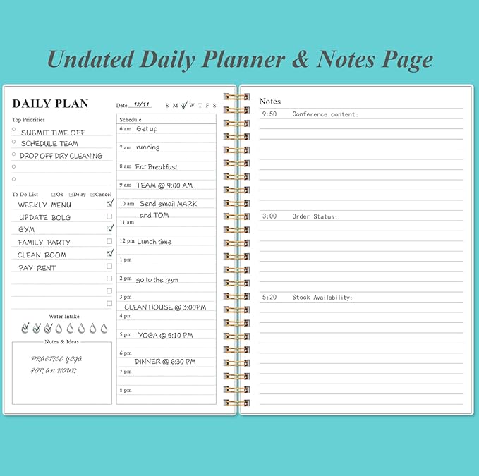 Daily Planner Undated - A5 To Do List Notebook Hourly Schedules, Spiral Appointment Planner for Women and Men, PVC Hardcover, Inner Pocket, Elastic Closure, 5.8" x 8.3", Teal Flowers