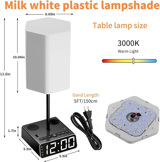 Table Lamp Alarm Clock with USB Ports and AC Outlet, Beside Lamp with Charging Station Speakers and Radio, Power Outlet with Touch Control 3-Way Dimmable Nightstand Lamp for Kids Study Room, Bedroom