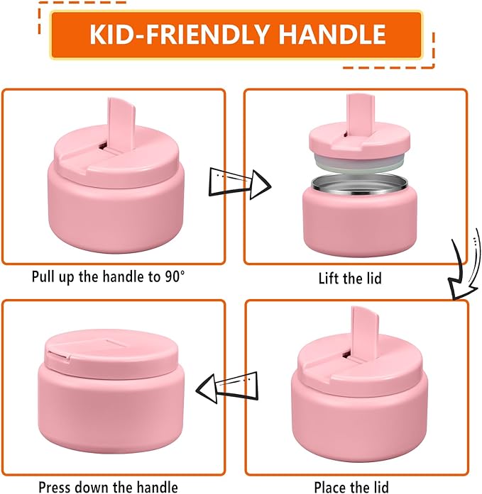 13.5oz Kids Thermos for Hot Food, Insulated Vacuum Food Jar with Buckle Lid, Stainless Steel Wide Mouth Leak Proof Insulated Lunch Container for School Picnic Travel,Pink