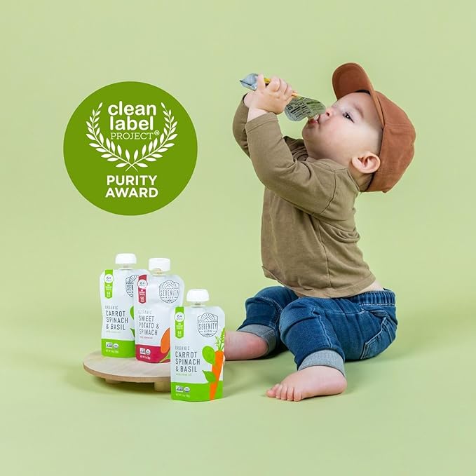 Serenity Kids 6+ Months USDA Organic Veggie Puree Baby Food Pouches | No Sugary Fruits or Added Sugar | Allergen Free | 3.5 Ounce BPA-Free Pouch | Carrot Spinach & Basil | 1 Count