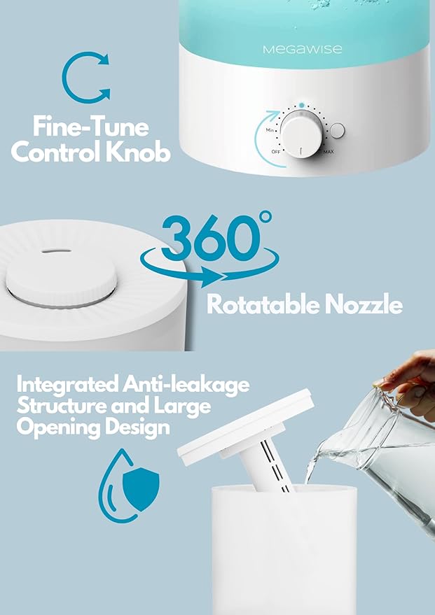 MegaWise Topfill 7-colour Night light humidifier for Kid bedroom with 3.5L Large Capacity, No leakage Design Fine Mist Output Auto Shutoff, Essential Oil Safe Tank
