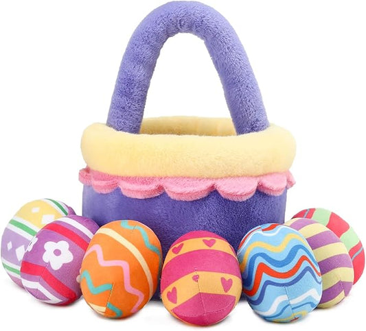8 Piece Plush Stuffed Playset Toys with 7 Eggs, 1 Furry Bag, Soft Basket Set Sensory Toys for Girls Kids Ages 3+, Birthday Christmas Valentines Easter Party Favors Gifts