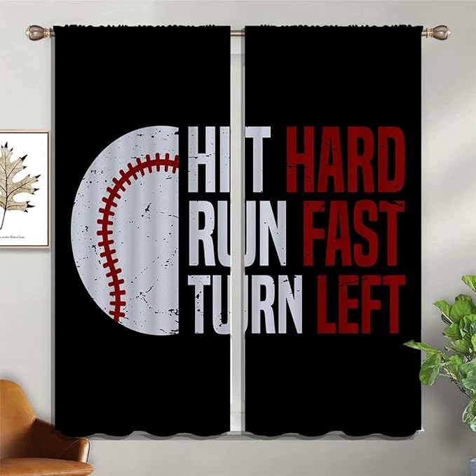 Baseball Blackout Curtains for Boy Girl Room Darkening Decor,Sport Theme Red and White Motto Dark Bedroom Living Room Home Rod Pocket Thermal Insulated Window Curtain/Drapes Panel,84x72 Inch…