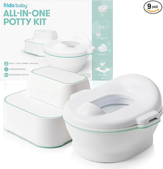 Frida Baby All-in-One Potty | Training Toilet with Toddler Potty Chair, Toilet Seat Topper, Toilet Step Stool, Sink Step Stool, Cleanup Essentials, and Professional Potty Guide