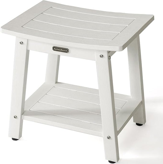 HDPS Shower Bench, White Plastic Shower Stool Seat for Shaving Legs, Spa Bath Seat, Heavy Duty Waterproof, Non-Slip, No Maintenance