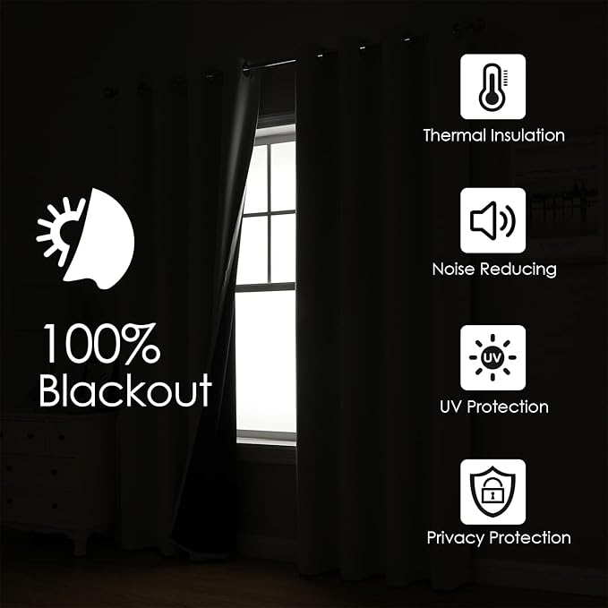 ChrisDowa 100% Blackout Curtains 102 inch Long for Bedroom with Black Liner, 2 Thick Layers Total Blackout Thermal Insulated Grommet Window Curtains 2 Panels Set (Dark Grey, 52 x 102 Inch)