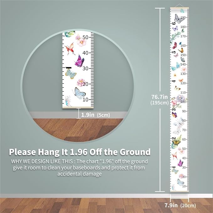 Ocean Mermaid Growth Chart for Kids Baby Height Chart Ruler Removable Canvas Wooden Frame Hanging Wall Rulers Measurement Charts for Toddler Room Nursery Decor - 79"X7.9" with Black Wood
