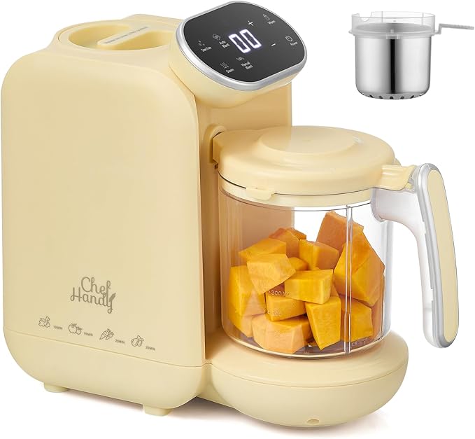 Chefhandy Baby Food Maker, Steamer & Blender with Stainless Steel Basket, Puree Maker with Auto/Manual Blend, Bottle Warmer & Sterili-zer, Safe & Easy-to-Clean Compact Baby Food Processor (Yellow)