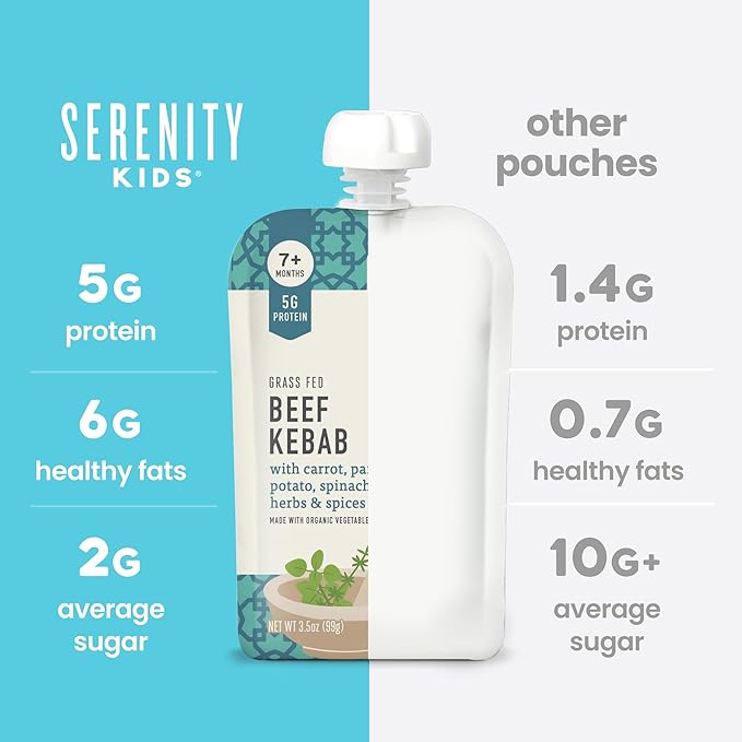 Serenity Kids 7+ Months World Explorers Beef Kebab Baby Food Pouches - Grass-Fed Beef & Organic Veggies - BPA-Free Baby Snack - Ages 7+ Months - 3.5 Oz 6 Pack