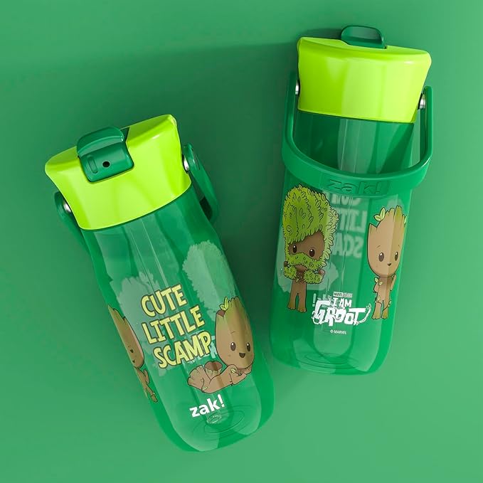 Zak Designs Harmony Marvel Groot Water Bottle for Travel or At Home, 18oz Recycled Plastic is Leak-Proof When Closed with Straw Lid and Carry Handle, 2-Pack (Groot)