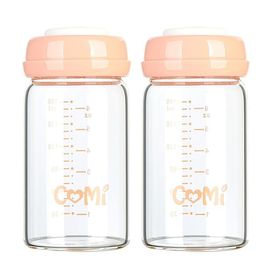 COMI Wide Neck Glass Breastmilk Collection n Storage Bottle, 6oz with Screw Ring Sealing Disk; Re-markable Sealing Disc. BPA Free, Fits Breast Pumps & Nipples (2 Pack Pink Lids)