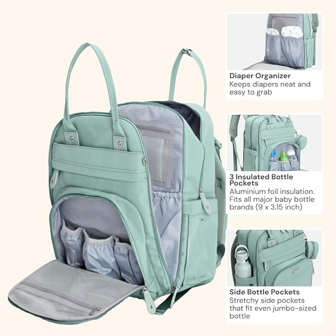 BabbleRoo Diaper Bag Backpack - Baby Essentials Travel Bag - Multi Function Waterproof Diaper Bag, Travel Essentials Baby Bag with Changing Pad, Stroller Straps & Pacifier Case – Unisex, Sage Green