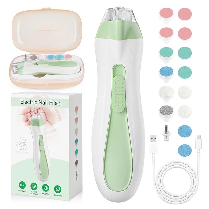 Baby Nail Trimmer Electric, 15 in 1 Baby Nail Clippers for Gentle Nail Care, Rechargeable Baby Nail File Electric with Light &15 Grinding Pads for Infant Toddler, Green