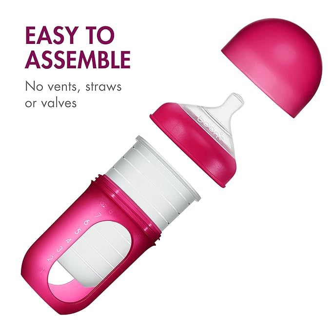 Boon Nursh Reusable Silicone Pouch Baby Bottles - Medium Flow Nipple - Silicone Baby Bottle Pouch and Nipple - Baby Feeding Essentials - Pink - 3-6 Months - 3 Count - 8 Ounce