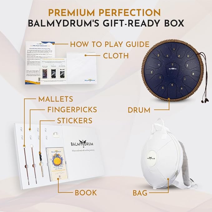 The Balmy Drum - 15 Note 14 Inch Steel Tongue Drum, Steel Drum Instrument, Drums For Children and Adults, Balmy Drum Set for Kids with Music Book, Handpan, Mallet and Carry Bag (White)