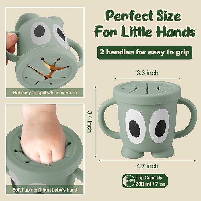 Silicone Snack Cups Food Container for Toddlers and Babies, Spill Proof Training Cup with Snack Cup Lid & Dust Proof Lid, Comes with a toy strap, Without BPA, Lead, or Phthalates（Gray & Beige）