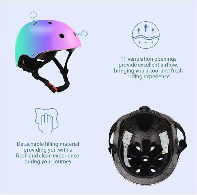 Color Gradient Adjustable Kids' Helmet with Knee & Elbow Pads Set | Multi-Sport Safety Gear for Boys & Girls Ages 5-14 | Skateboarding, Scooters, Roller & Inline Skating, Longboarding