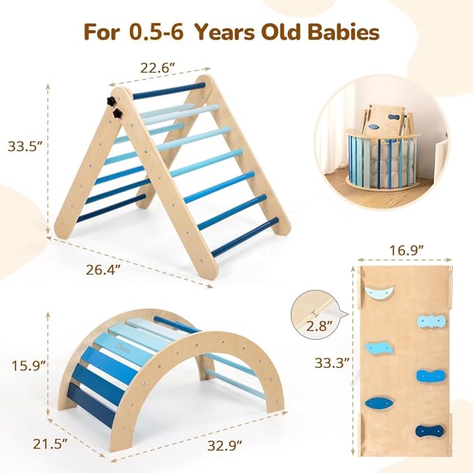 Pikler Triangle Set with Cushion, 8-in-1 Toddler Climbing Toys Indoor, Wooden Montessori Climbing Set with Arch Ramp,Ladder&Tent Cloth, Baby Indoor Climber Jungle Gyms for Toddlers Toy, Blue