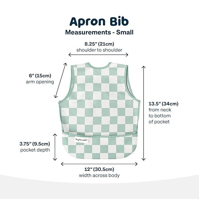 Tiny Twinkle Mess Proof Baby Bib - Waterproof & Lightweight Baby-Led Weaning Apron | 100% Recycled Polyester, Easy Clean & Machine Washable (Green Checkers, Small 6-24 Months)