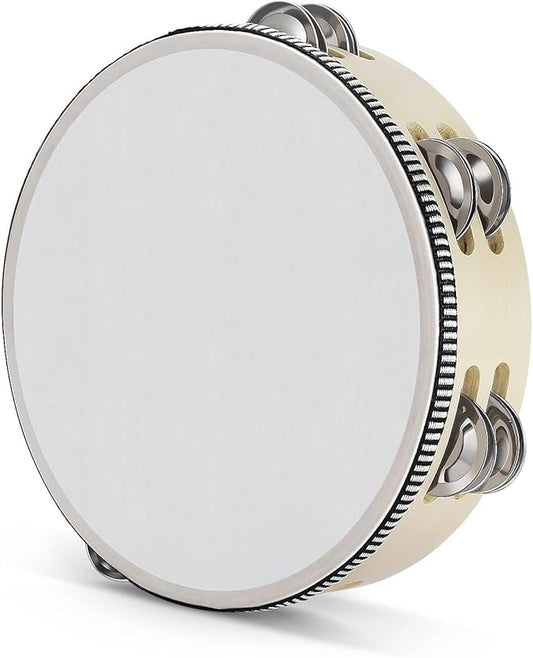 Flexzion Wood Handheld Tambourine for Adults 8-Inch Double Row 8-Pair Jingles (Wood) - Percussion Round Tamborines Musical Instrument with Metal Zills