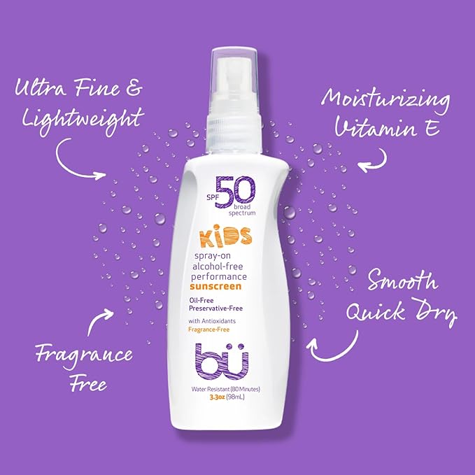 BU SPF 50 Fragrance Free Kids Sunscreen Spray for Face and Body, TSA Travel Size Sunscreen, Clear Non Aeorsol Spray, Non Greasy, Water Resistant and Oil Free, 3.3 oz (3-pack)