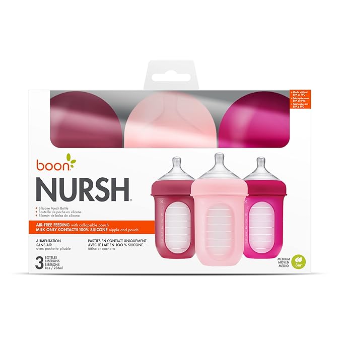 Boon Nursh Reusable Silicone Pouch Baby Bottles - Medium Flow Nipple - Silicone Baby Bottle Pouch and Nipple - Baby Feeding Essentials - Pink - 3-6 Months - 3 Count - 8 Ounce