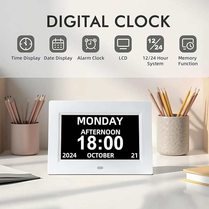 Digital Calendar Alarm Clock for Seniors - 7" Large Display with Day/Date, 12 Custom Alarms & Auto-Dimming | Medication Reminder, Dementia-Friendly Design, Easy Read (White)