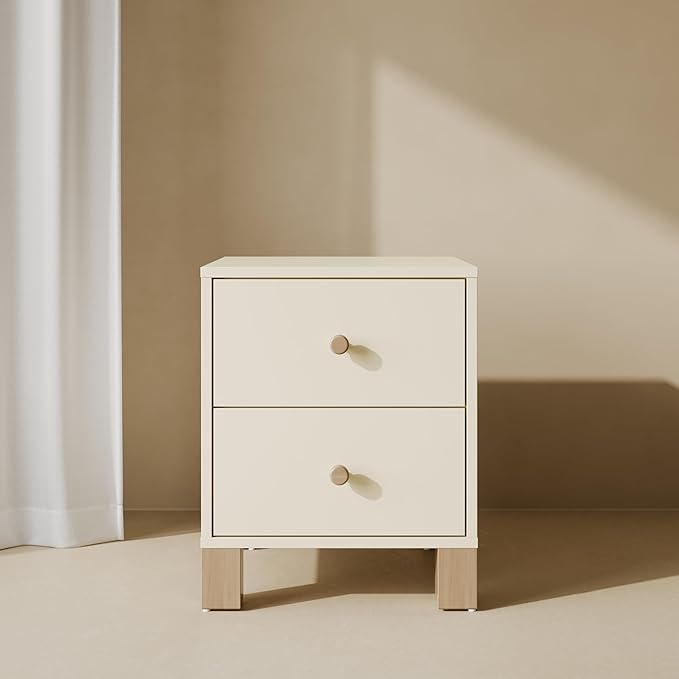 Storkcraft California 2 Drawer Nightstand for Kids Bedroom (Frosted Oat with Driftwood) - GREENGUARD Gold Certified, Premium Wood Storage Nightstand with Elegant, Iconic Block Feet