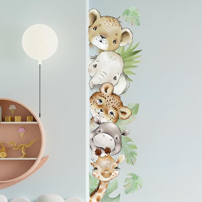 55.12 x 15.75 InchWatercolor Jungle Animal Wall Decals Tiger Elephant Zebra Giraffe Hippo Forest Wall Stickers Removable Peel and Stick Stickers for Baby Nursery Playroom Bedroom Classroom