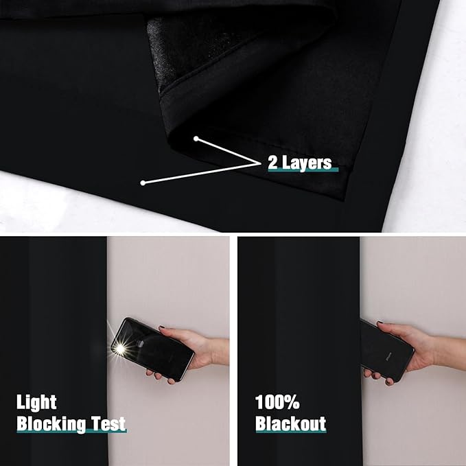 ChrisDowa 100% Blackout Curtains for Bedroom with Black Liner, 2 Thick Layers Total Blackout Thermal Insulated Grommet Small Window Curtains 2 Panels Set (Black, 42 x 45 Inch)