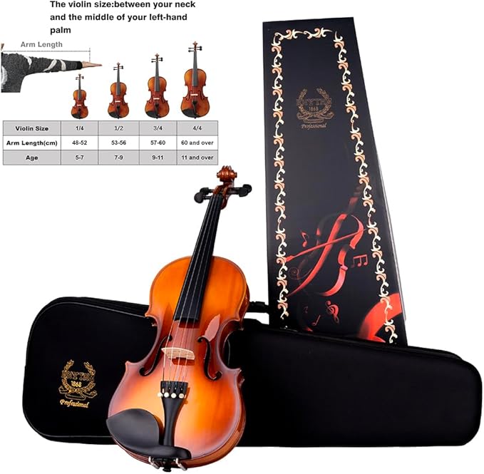 Rhythm Violin Set for Beginners,Acoustic Violins Starter Kit Package for Student,Beginners Fiddle with Hard Case, Rosin, Shoulder Rest, Bow, and Extra Strings (NATURAL, 1/4)