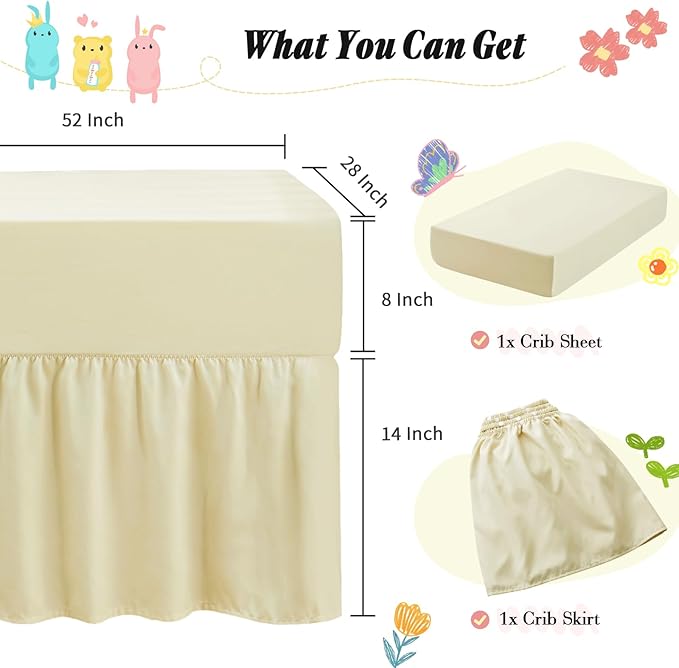 Horbaunal 2 Pack Crib Skirt & Crib Bed Sheet Set, Cream Crib Bed Skirt 28" x 52" with 14" Drop Dust Ruffle, Soft Microfiber Toddler Bedskirt Nursery Bedding Skirt for Baby Girls and Boys