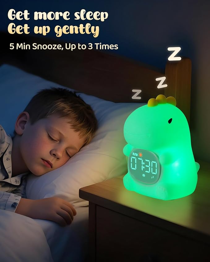 Dinosaus Alarm Clock for Kids with Night Light, Sleep Training Clock Time to Wake Clock, Rechargeable Silicone Light for Bedroom, Perfect Sleep Companion for Boys Girls