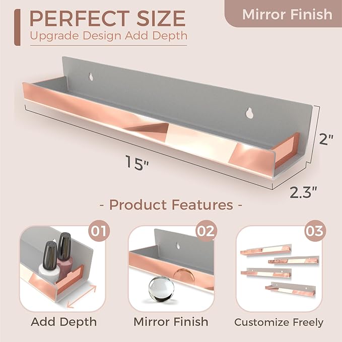 4 Pack 15 Inch Rose Gold Reflective Acrylic Shelves, Rose Gold Floating Shelves, Modern Sunglasses Essential Oil Picture Ledge Display Toy Storage Shelf