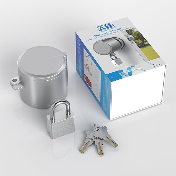 AST Door Knob Lockout Device with SS Padlock and Brass Keys, Childproof Door Knob, Security Lock for Toddler and Dementia Proof, Safety Cover, Doorknob Protection, Matte Silver with SS Padlock