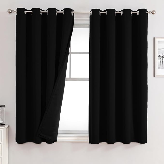 ChrisDowa 100% Blackout Curtains for Bedroom with Black Liner, 2 Thick Layers Total Blackout Thermal Insulated Grommet Window Curtains 2 Panels Set (Black, 52 x 45 Inch)