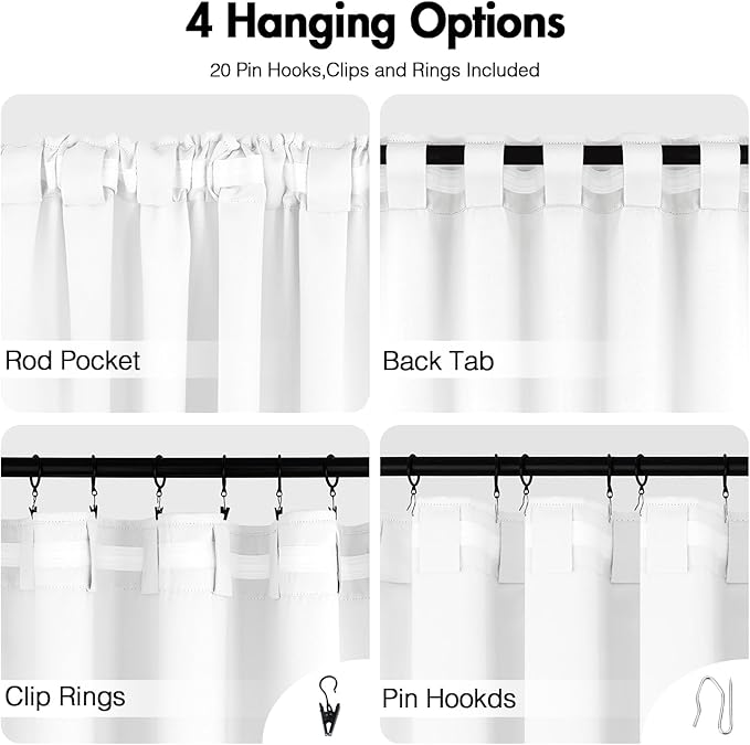 ANRODUO Back Tab Blackout Curtains for Bedroom Living Room, Rod Pocket Pinch Pleated Thermal Insulated Room Darkening Curtains 63 Inches Long 2 Panels, White, 42 x 63 Inch