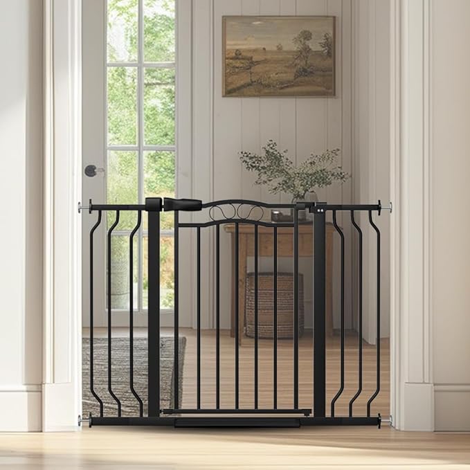 29.53"-43.30" Mornyray Auto-Close Baby Gate Extra Wide, Pressure Mounted Dog & Pet Gate for Stairs Doorways, No Drill Safety Barrier with Lace Design, Metal Child Proof Gate Indoor Outdoor, Black