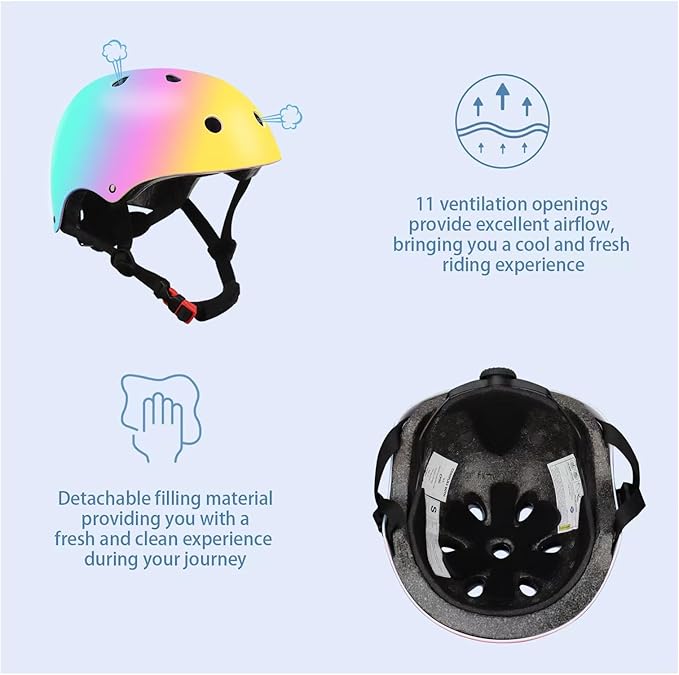 Color Gradient Adjustable Kids' Helmet with Knee & Elbow Pads Set | Multi-Sport Safety Gear for Boys & Girls Ages 5-14 | Skateboarding, Scooters, Roller & Inline Skating, Longboarding