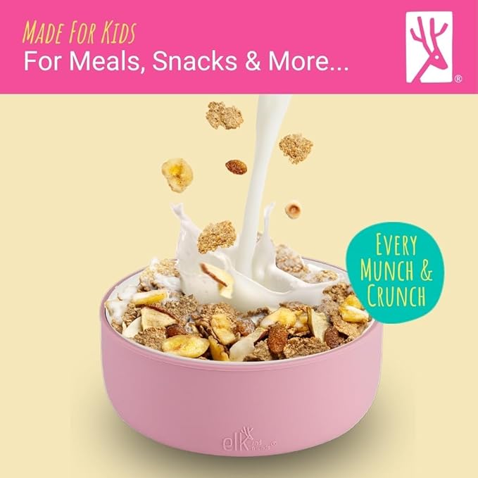 Elk and Friends Kids Porcelain Bowls with Silicone Suction Sleeve | Kids/Toddler/Baby Feeding | Microwave & Dishwasher Safe | Non slip | Cereal/Soup/Snack Dishes & Dinnerware